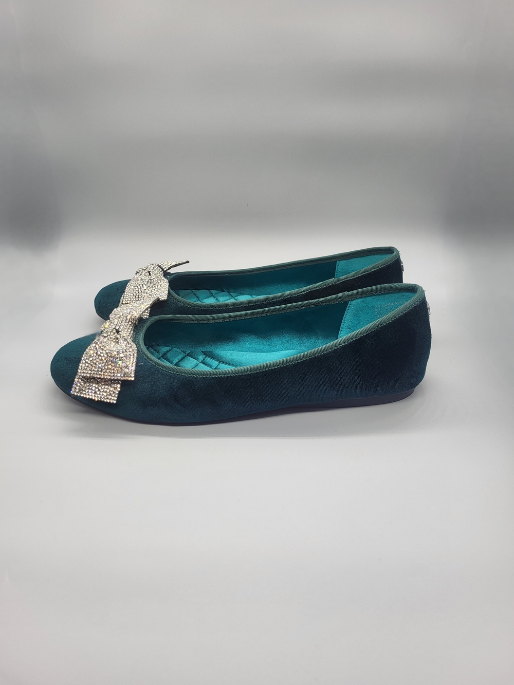 Birdies Teal Velvet Flats with Crystal Bow - Picture 7 of 14